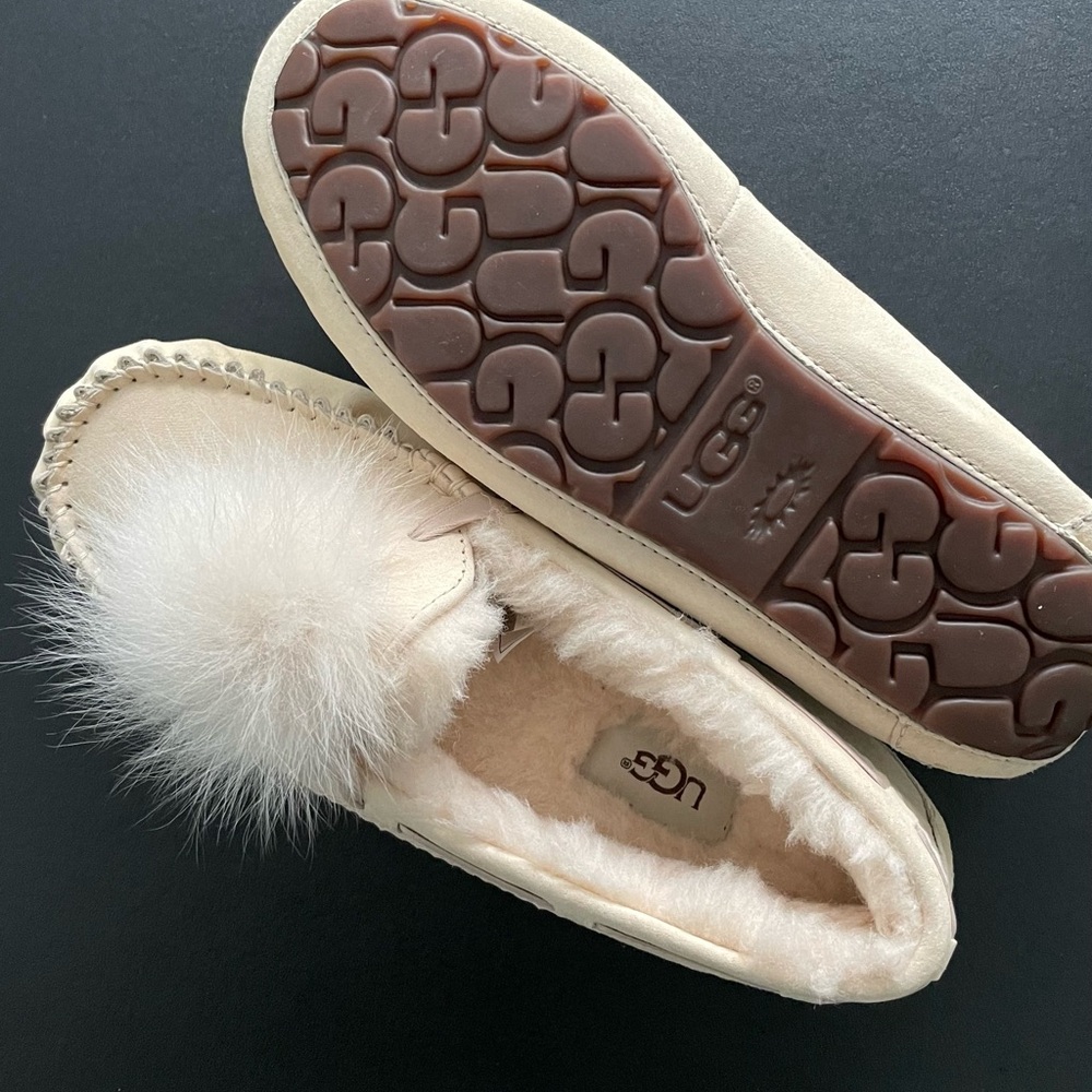 UGG Cream Moccasins with Fur Pom